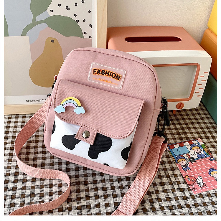 Túi Đeo Chéo Đựng Điện Thoại Kiểu Vuông Nhỏ Chất Liệu Nylon Họa Tiết Bò Sữa Cho Nữ