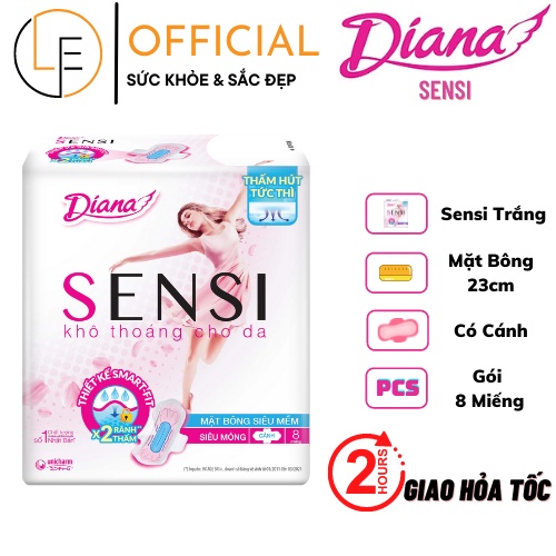 [Tặng Thêm 2 Miếng] Băng Vệ Sinh Diana Sensi Trắng Siêu Mỏng Cánh 23cm Mặt Bông - 8 Miếng