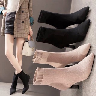 Boot vải mũi nhọn co giãn cao gót hàng QC [ sẵn hàng]