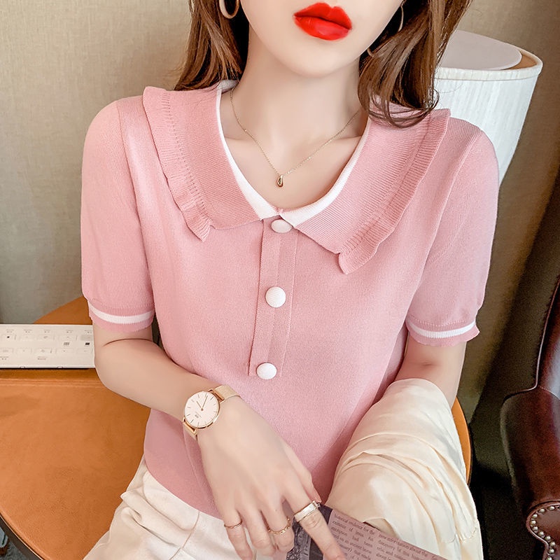 Áo dệt kim tay ngắn cổ búp bê dáng rộng thiết kế mới phong cách Hàn Quốc thời trang mùa hè cho nữ