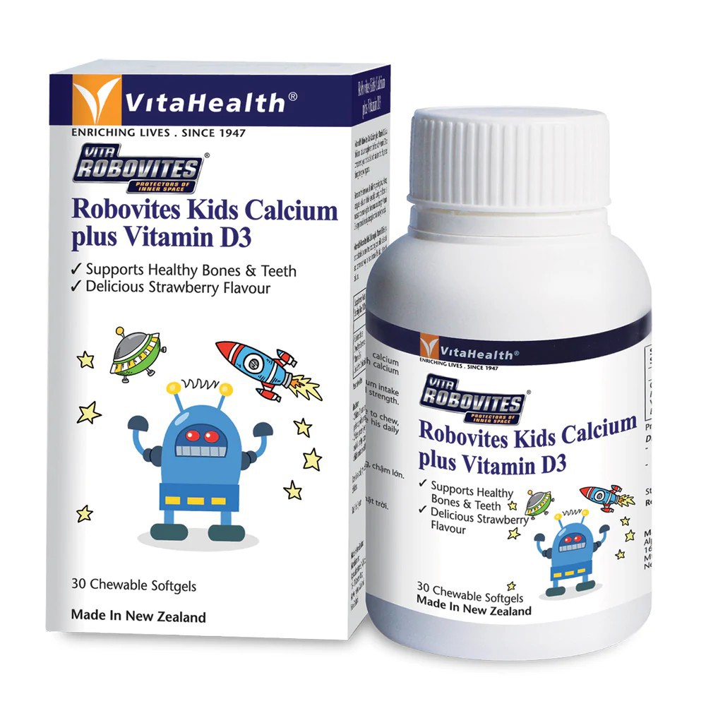 Viên Nhai Bổ Sung Canxi Cho Bé Vitahealth Robovites Kids Calcium Plus With Vitamin D3 - Hộp 30 Viên