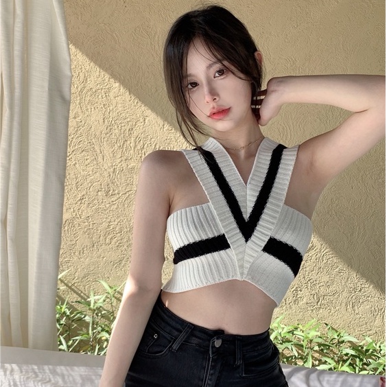 SUXI Áo Croptop Dệt Kim Sát Nách Cổ Chữ V Họa Tiết Kẻ Sọc Thời Trang Mùa Hè Mới
