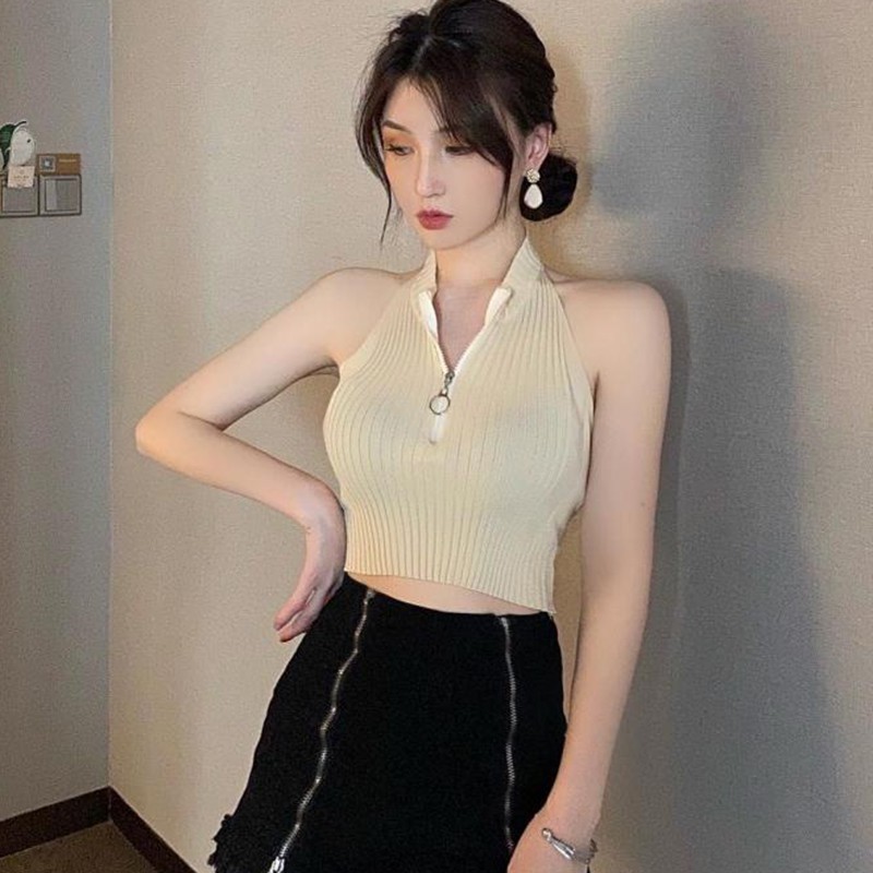 Áo Sát Nách Dệt Kim Thiết Kế Cổ Yếm Quyến Rũ