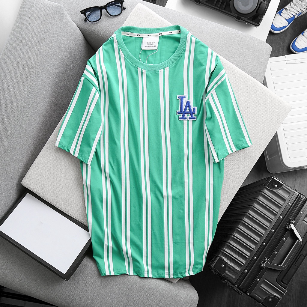 Áo thun MLB thêu LA SỌC TRẮNG XANH LÁ vải thun cotton 4 chiều fom rộng có big size mã DCXK0003 - DECE