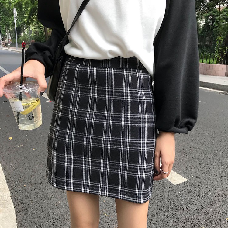 SUXI Chân váy midi lưng cao họa tiết sọc caro phong cách Hàn Quốc