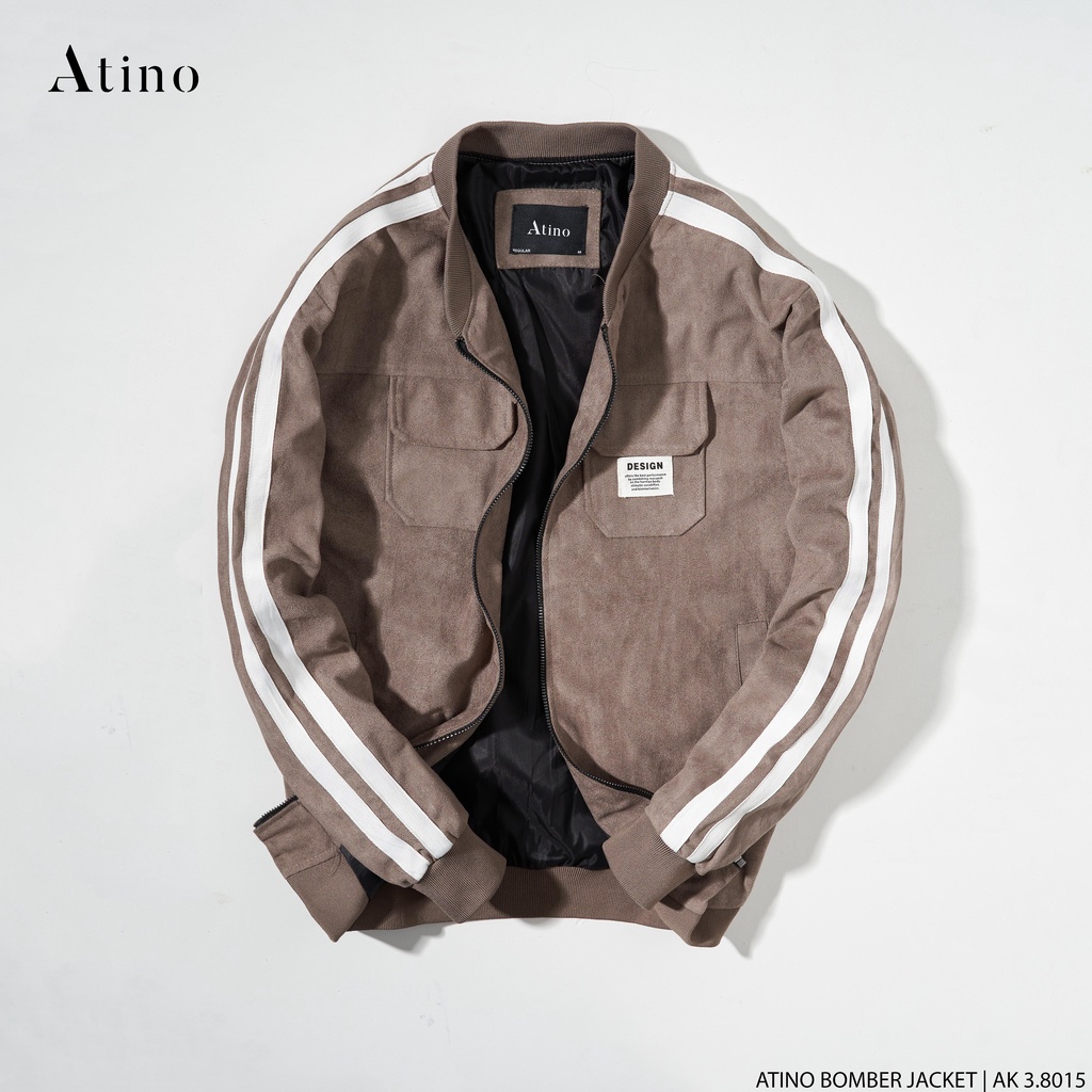 Áo Khoác Da Lộn Bomber 2 Sọc Nam ATINO Hàn Quốc Phong Cách Trẻ Trung Chuẩn Form AD3.8015