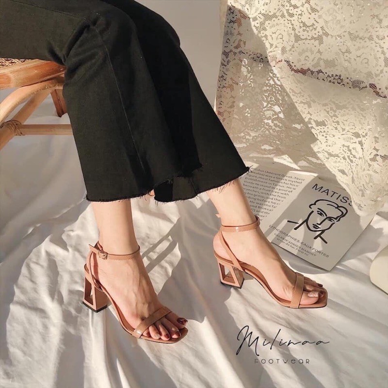 Sandal nữ 7p dây mảnh da bóng gót hình thang cá tính 009