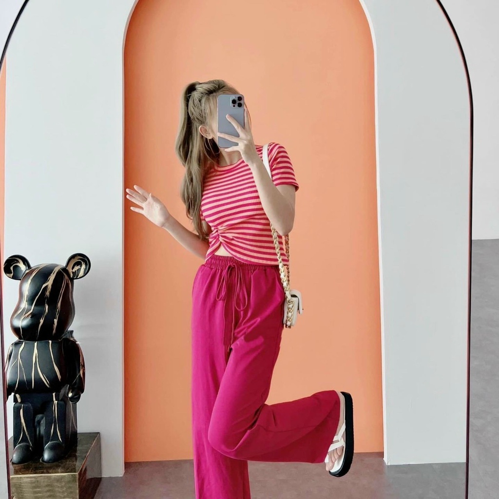 (Miễn phí ship)Bộ áo thun ôm rút dây eo chất thun gân_quần ống suông chất tuyết mưa có túi,hàng chuẩn shop