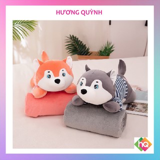 (HQ)Bộ chăn gối văn phòng Mền Gối Gấu Bông Chó Husky Mặt Ngáo 3 Trong 1