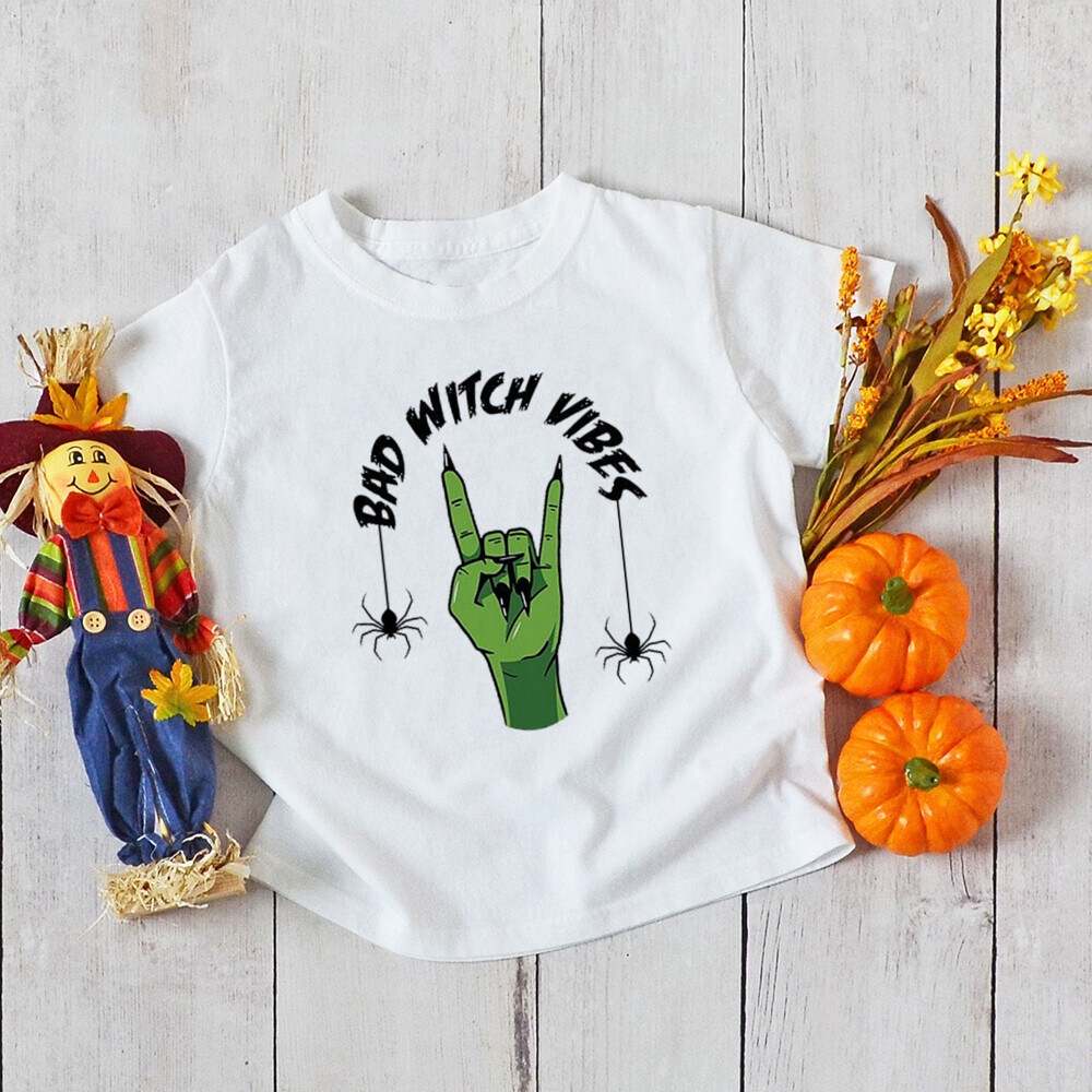 Áo thun trẻ em in họa tiết Halloween Áo thun ngắn tay màu trắng