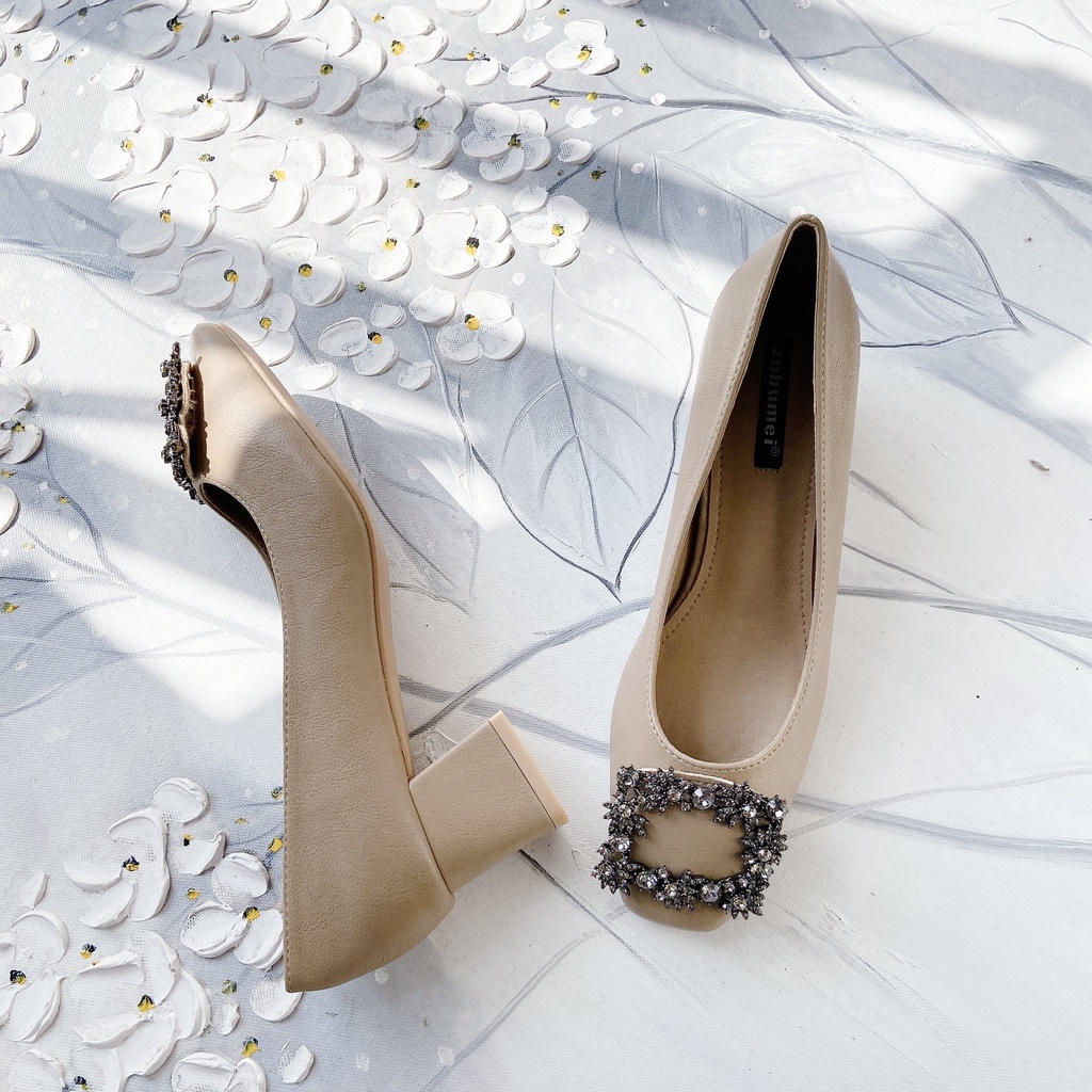 Giày Cao Gót Nữ Mũi Tròn, Giày Cao Gót 5 Phân, Charm Đá Vuông, Kiểu Dáng Công Sở Basic_DA723