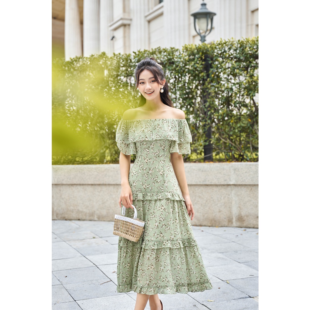 Váy hoa nhí xanh trễ vai chất tằm cao cấp 2 lớp đi du lịch YAME