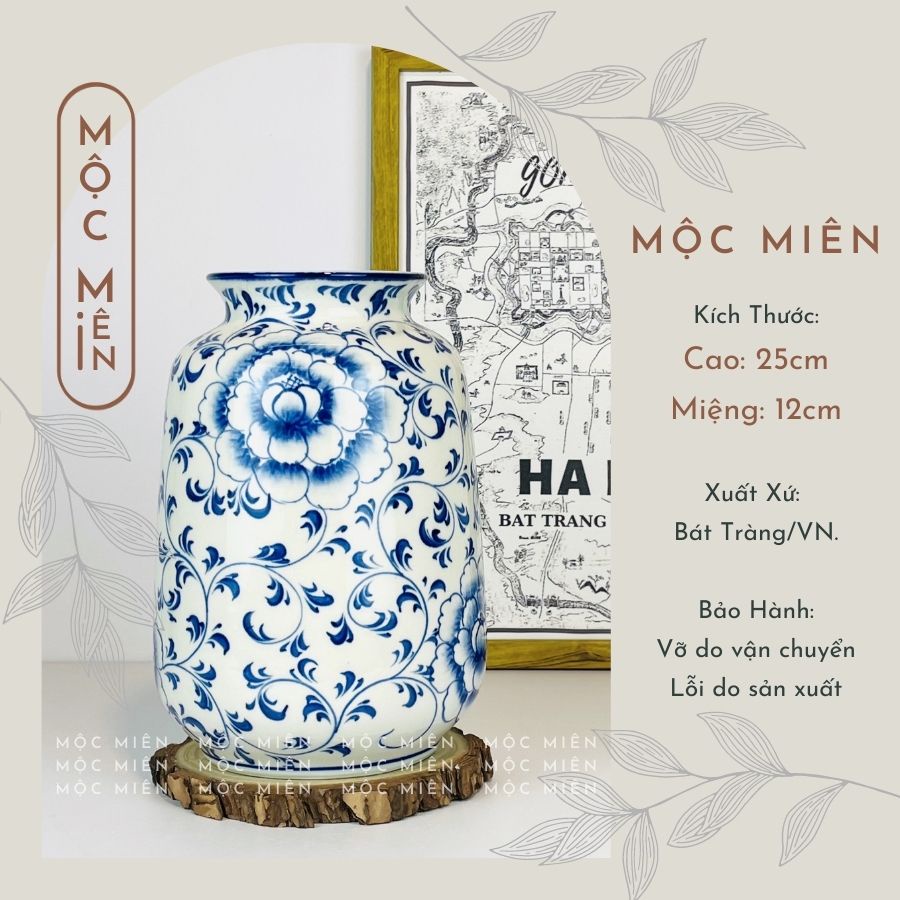 Bình hoa gốm lọ hoa men trắng vẽ Hoa Dây decor trang trí, Mộc Miên, gốm sứ bát tràng