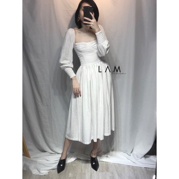 Đầm váy nữ cúp ngực xoè kiểu dáng Vintage vải Linen