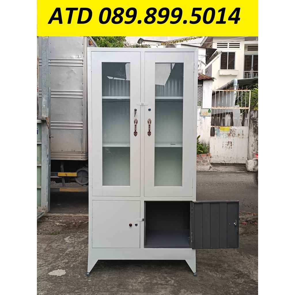 Tủ sắt hồ sơ kính đựng tài liệu văn phòng dày dặn sơn dầu màu trắng giá rẻ tại xưởng- giao hàng nhanh