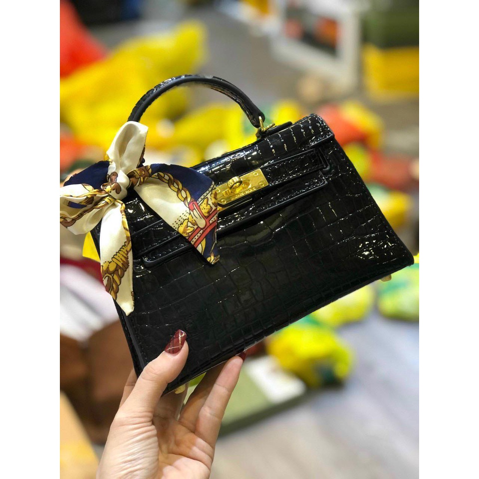 Túi Xách HM kelly Bản DA Rắn Bóng sz19,22cm Hàng Cao Cấp-Tặng Khăn Lụa