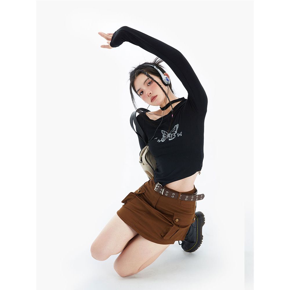 Áo thun COZOKC tay dài trễ vai in họa tiết thời trang