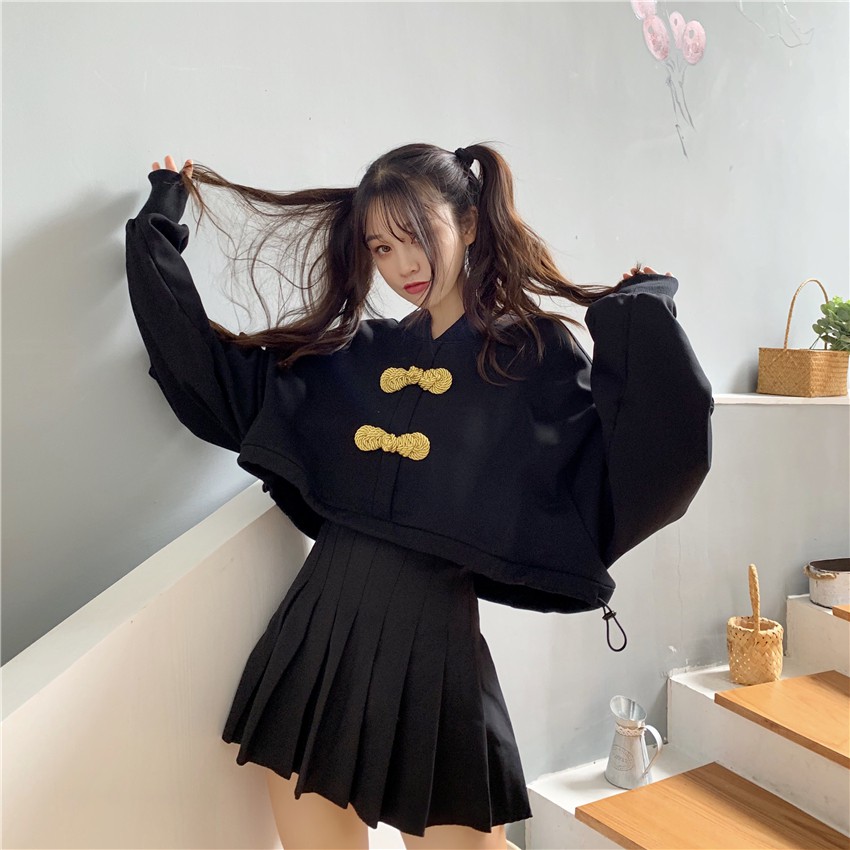 Set áo croptop tay dài cố gái Trung Hoa túi áo không nút ở tay + váy đen xếp li ngắn ulzzang ( có bán riêng )