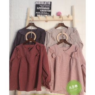 Áo babydoll kẻ vintage cổ v tay lỡ ảnh thật