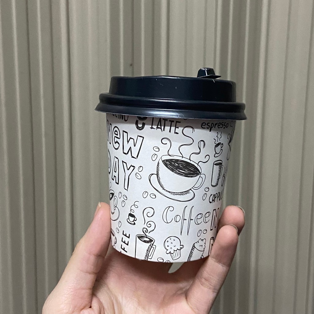 50 ly giấy 240ml ~ 8oz nắp đen phong cách Hàn Quốc New Day Mocha hình trắng đen nâu xanh dùng 1 lần - Paper cup