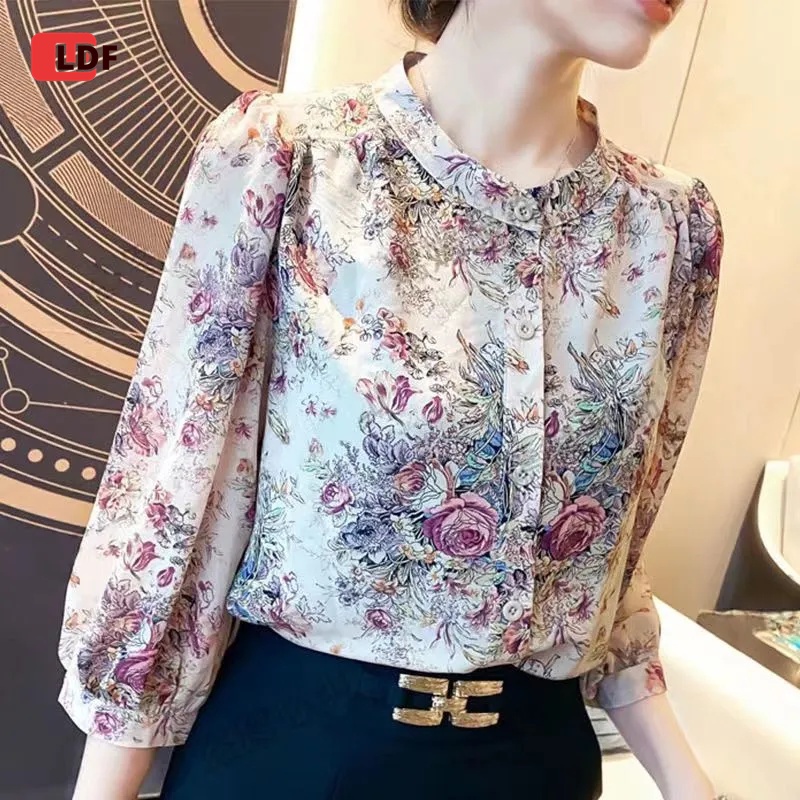 Áo Sơ Mi Chiffon Tay Lỡ 3 / 4 Cổ Tròn Họa Tiết Hoa Thời Trang Cho Nữ