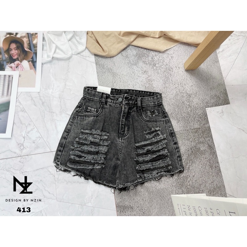 QUẦN SHORT THÔ ĐEN TRẮNG RÁCH NHIỀU MS15672