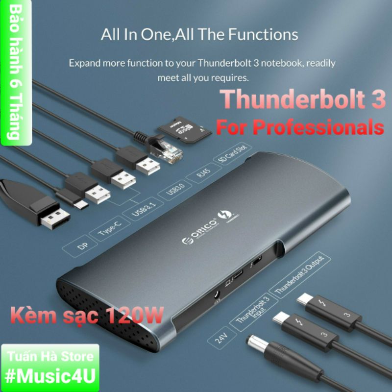 Bộ chuyển đổi Orico TB3-S1-GY 8 in 1 Thunderbolt 3 sang DP 8K 60hz USB 3.0 3.1 SD RJ45 cho máy Macbook Air Pro Dell