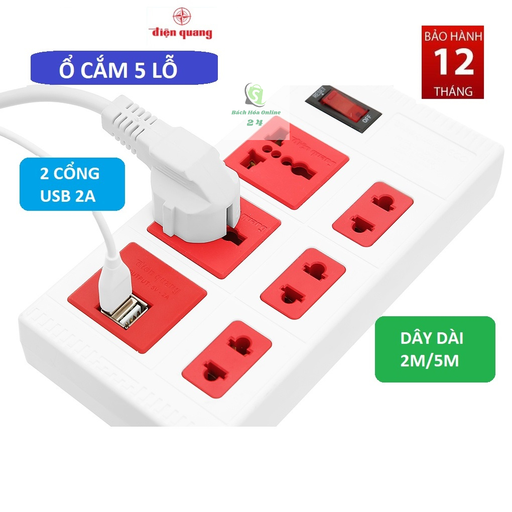 Ổ cắm điện Điện Quang 5 lỗ 2 cổng USB 2A Dây dài 2m/5m ECO ĐQ ESK 5WR 5ECO 2A - Hàng chính hãng bảo hành 1 năm