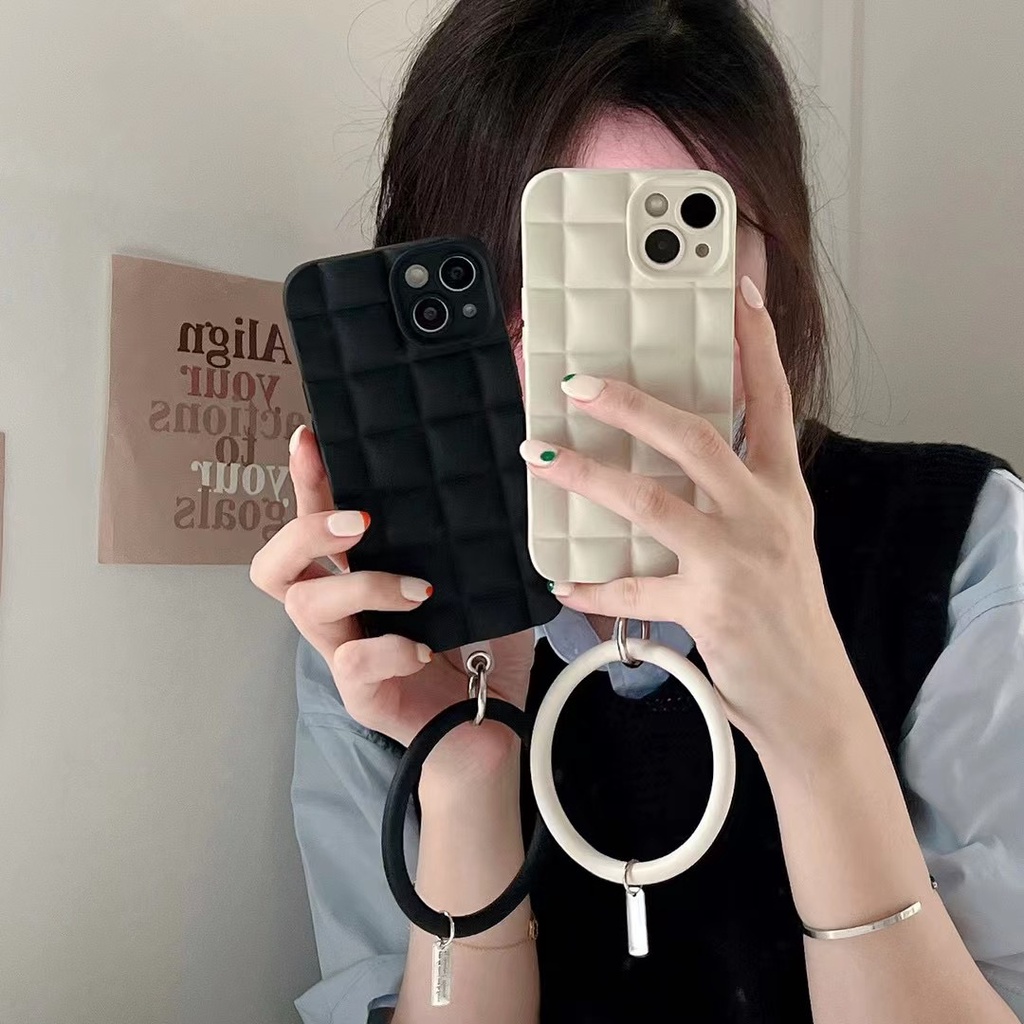 Thời Trang Ốp Điện Thoại Tpu Mềm Hình Vuông Họa Tiết Kẻ Ô 3D Có Vòng Đeo Tay Cho Iphone 13 12 pro max 11 pro max xs max xr X