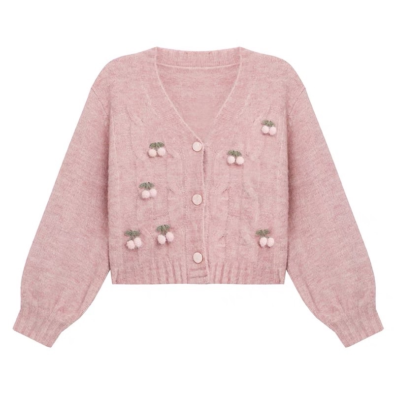 Set 2 Món Áo Cardigan + Croptop 2 Dây Tay Bồng Trái Đào Hồng Xinh Xắn