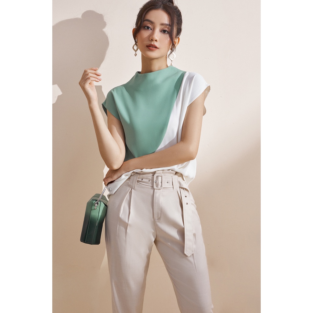 EVERLUXE - Áo tay liền cổ lọ phối màu