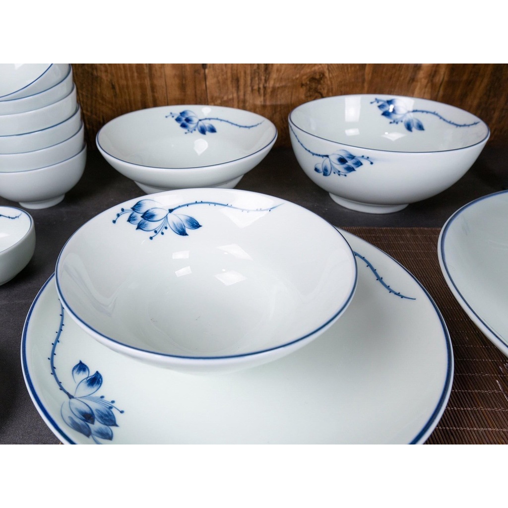 Bộ Bát Đĩa Men Lam Vẽ Sen Thu Bát Tràng