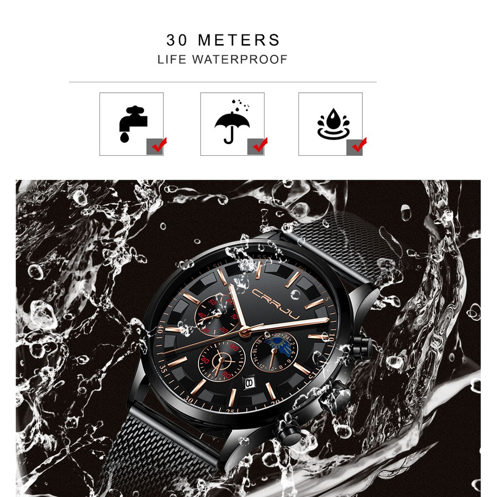 Đồng Hồ Kim CRRJU 2260 Màn Hình Analog Hiển Thị Ngày Chống Nước 30M Dây Đeo Bằng Thép Không Gỉ