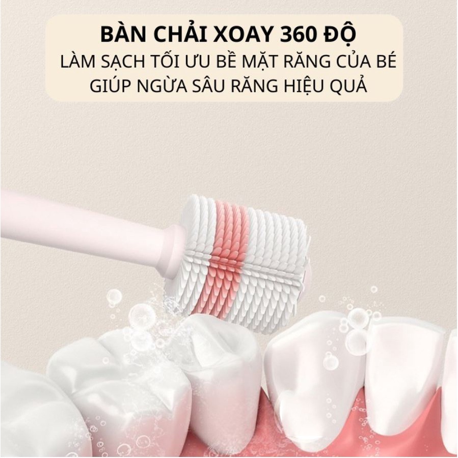 Bàn chải đánh răng lông mềm xoay 360 độ, bàn chải silicon cho bé từ 1 tuổi, an toàn cho nướu lợi của bé