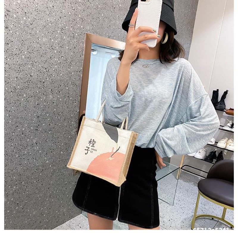 Túi Tote Cói Vải Bố Canvas Hot trend 2021 Có Khoá Đựng Đồ Hoạ Tiết Dễ Thương TOPBRA