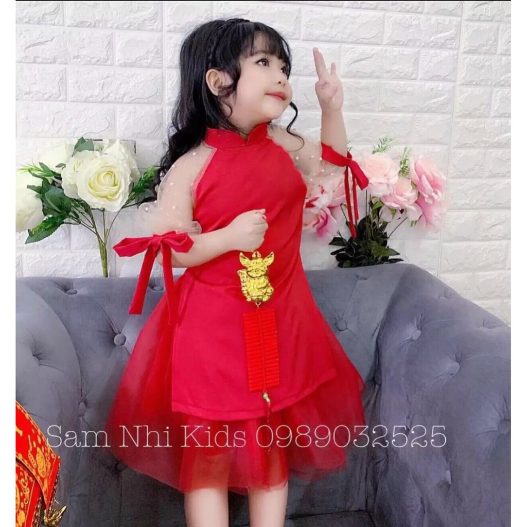 Áo dài cách tân cho bé size từ 10-25kg và mẹ dưới 55kg chất liệu umi co giãn, tay lưới đính cườm