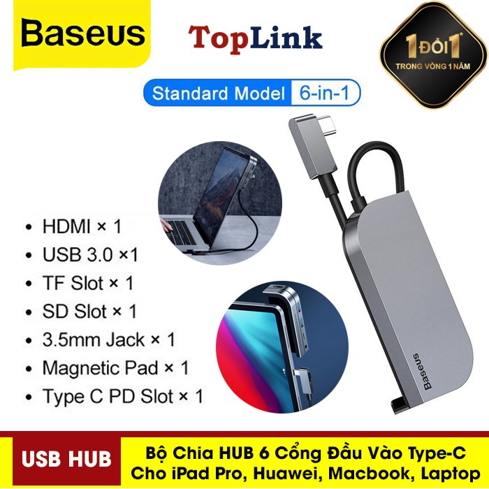 Bộ Chia HUB Baseus 6 Cổng, Type-C Sang HDMI, USB 3.0, TF Slot, SD Slot, Jack 3.5mm, Magnetic Pad, Type-C PD Slot