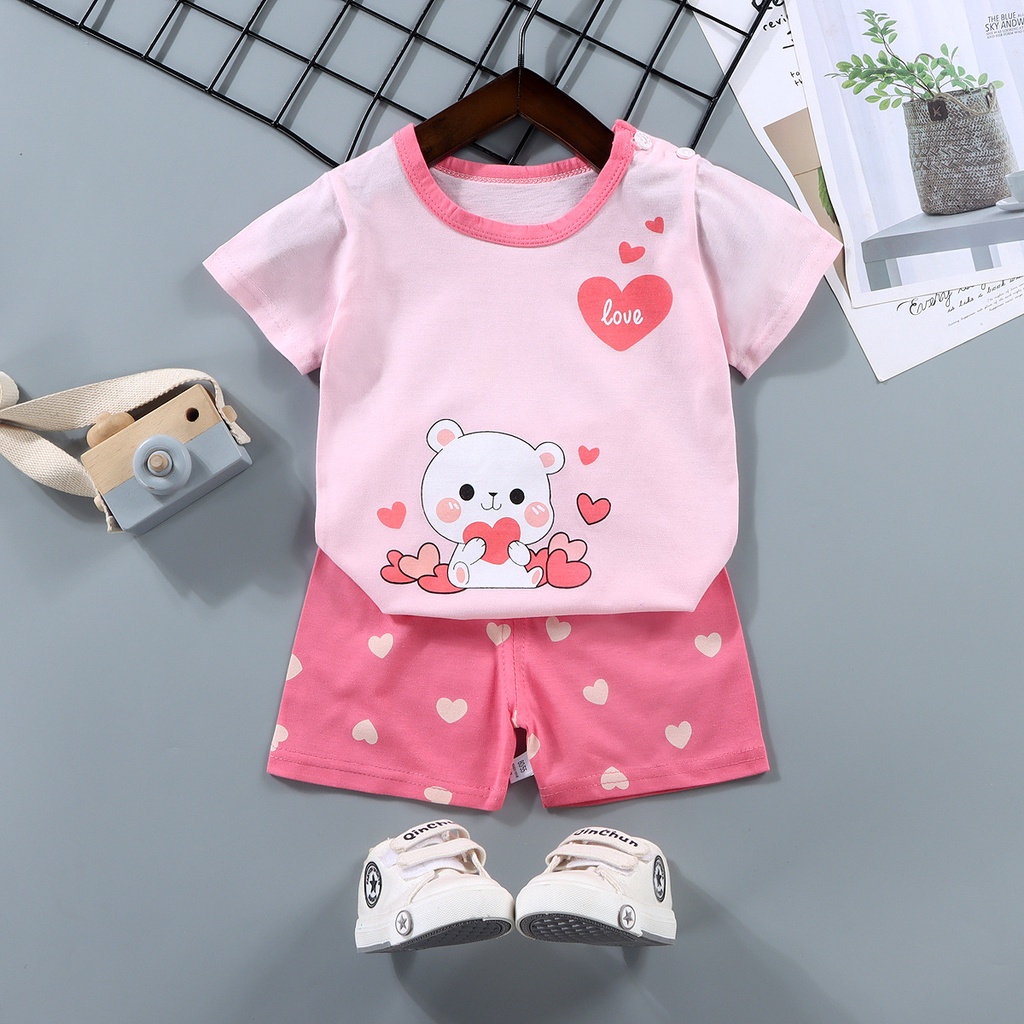 Bộ Áo Thun Tay Ngắn Và Quần Ngắn Bằng Cotton Nguyên Chất Thời Trang Mùa Hè Dành Cho Bé Gái 2177