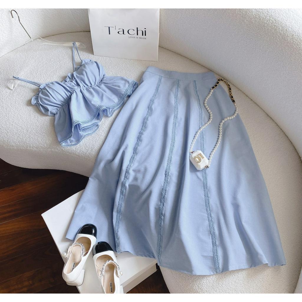 SET ÁO PEPLUM XANH BÈO 2 DÂY + CHÂN VÁY MIDI XÒE