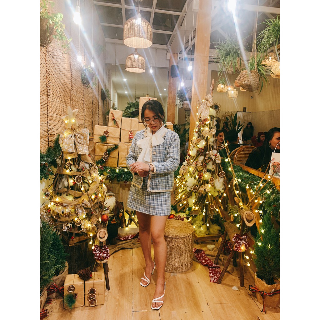 Set dạ tweed xanh hai lớp