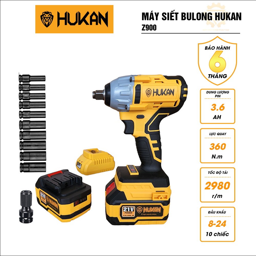 Máy Siết Bulong HUKAN Z900 Lực Siết 360Nm Tặng Kèm Bộ 10 Đầu Khẩu Chính Hãng