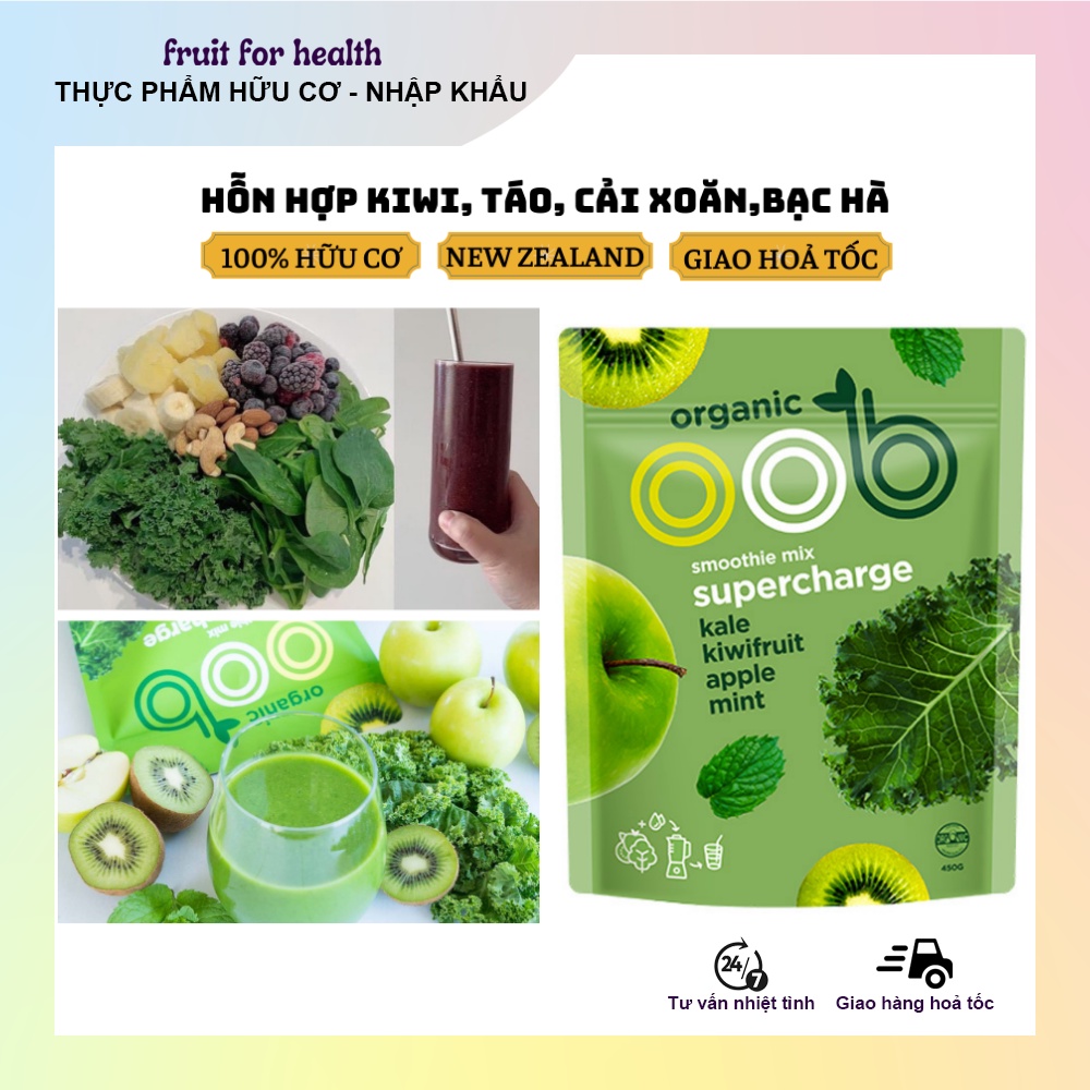 Hỗn hợp rau và trái cây sấy lạnh dùng xay sinh tố nhập khẩu New Zealand Oob organic Suppercharge 450g
