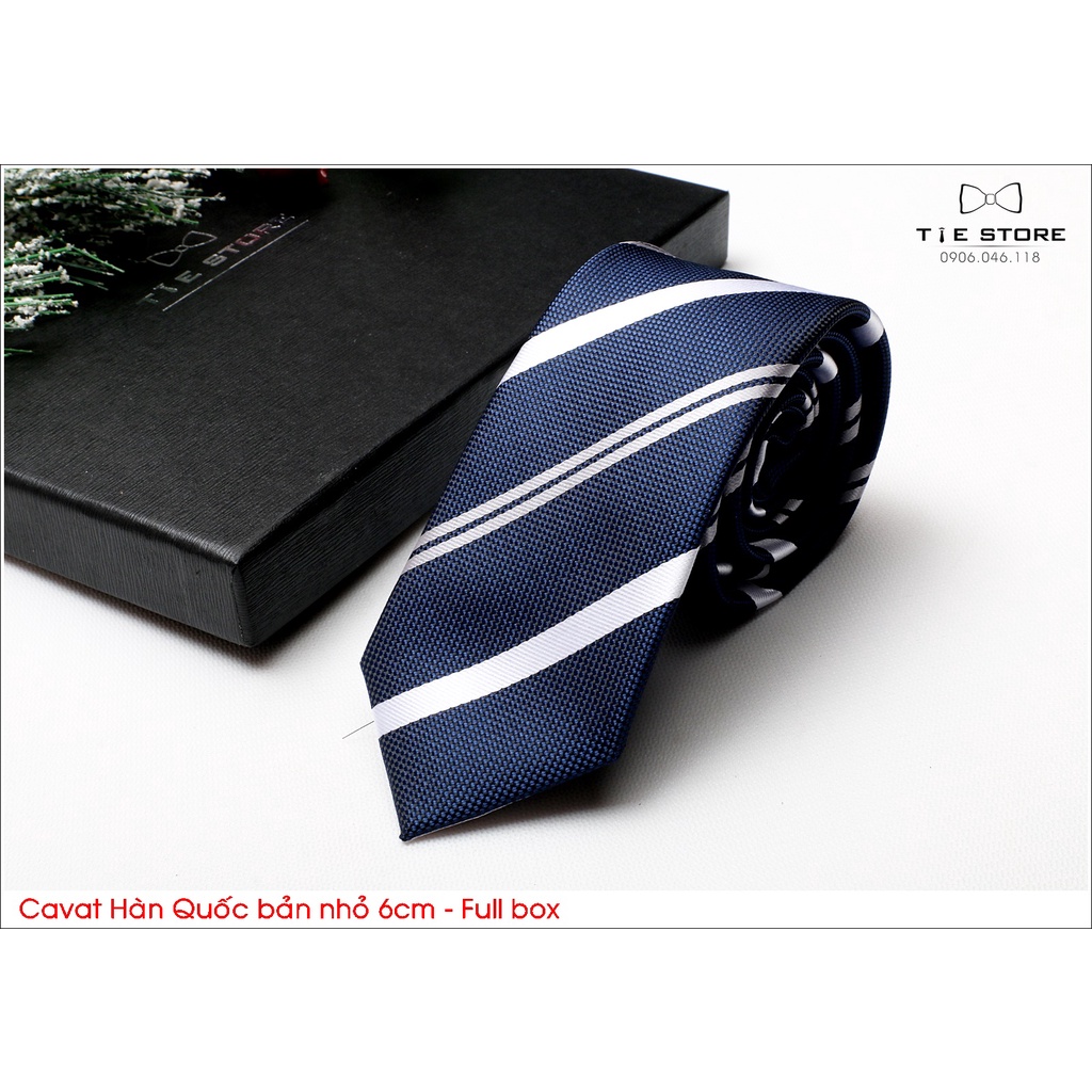 Cavat Hàn Quốc bản nhỏ 6cm chuẩn công sở, chú rể - Cavat xanh kẻ trắng cao cấp Full box