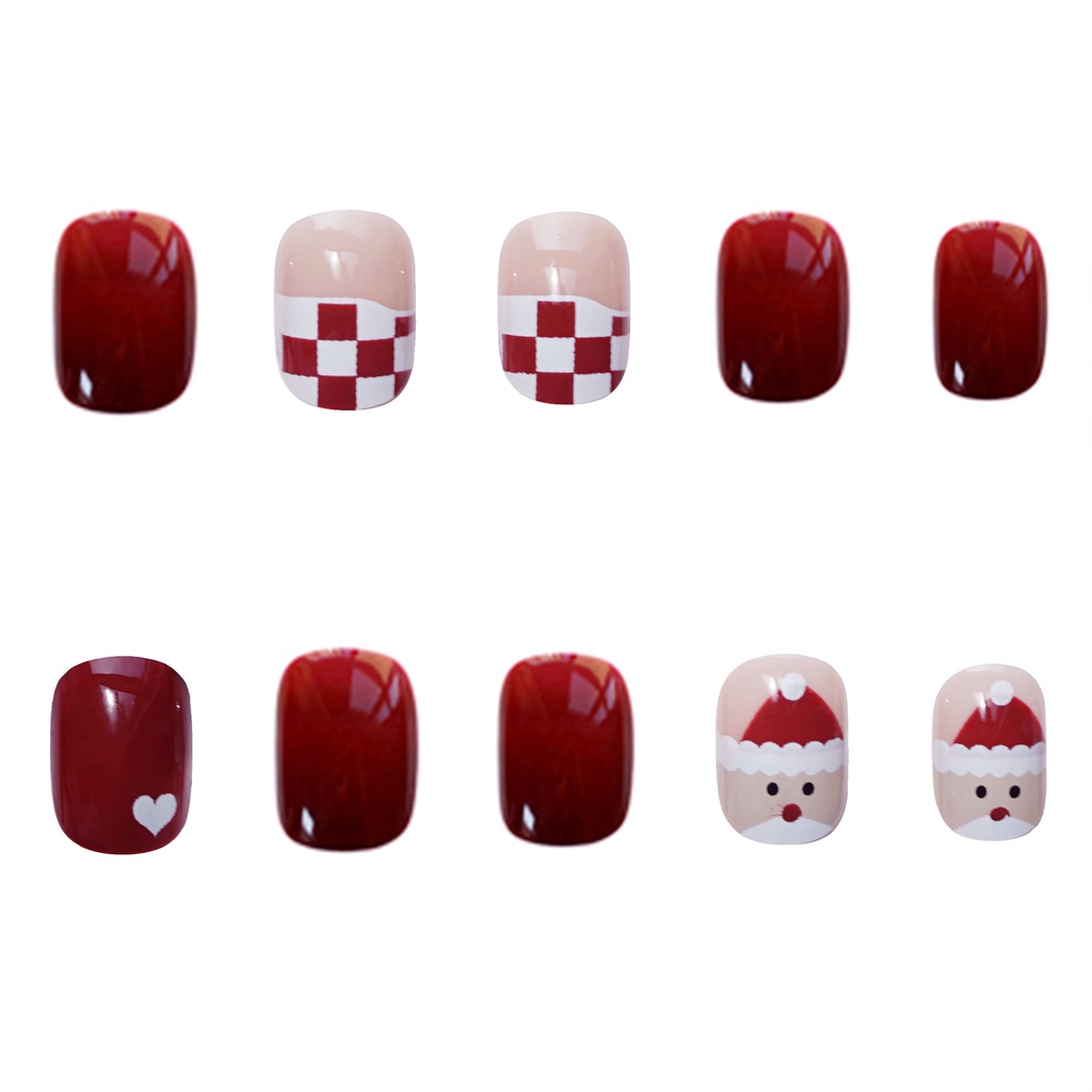 Set 24 móng tay giả, móng ngắn đỏ, ông già noel PD332 kèm keo silicon