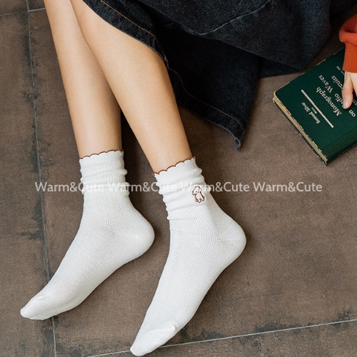 Tất cổ cao, vớ cổ cao nữ họa tiết hình cún viền ren vải len tăm co giãn thời trang Nhật Bản Warm&amp;Cute AD01