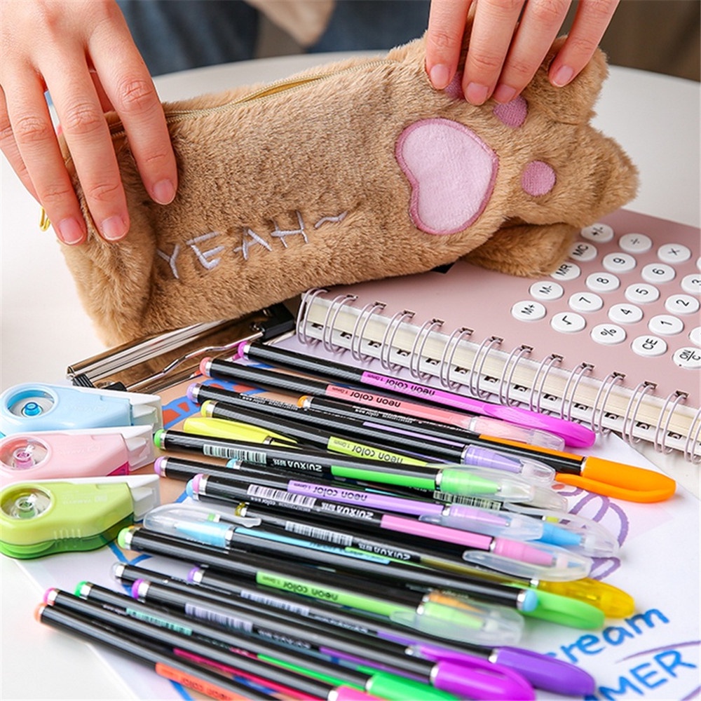 Túi Đựng Bút/ Mỹ Phẩm Hình Chân Mèo Phủ Lông Dễ Thương Sức Chứa Lớn Tiện Dụng Cho Trường Học/ Văn Phòng