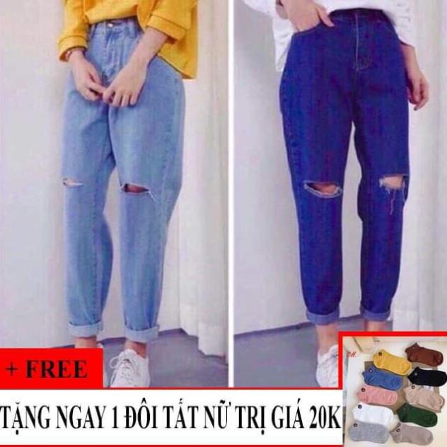 Quần Baggy Bò Rách Gối Hàn Quốc + Tặng 1 đôi vớ nữ siêu dễ thương Đẹp