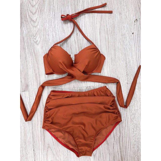 [Mã SKAMFSW175 giảm 10K đơn 50K] Bikini áo ngực chéo quần nhún cạp cao