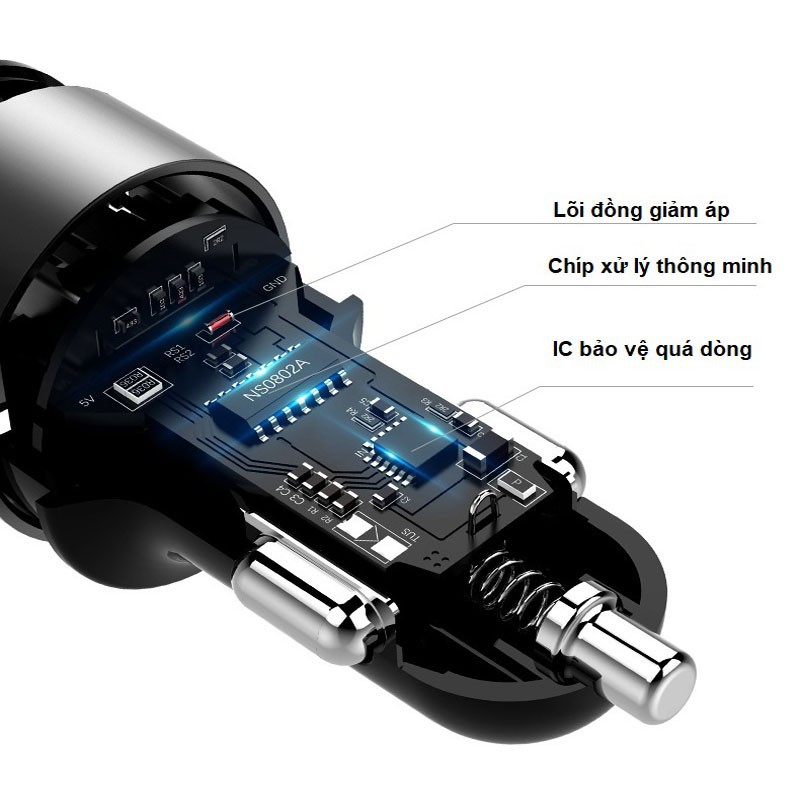 Tẩu sạc nhanh ô tô nhỏ gọn 2 cổng USB và có đèn LED