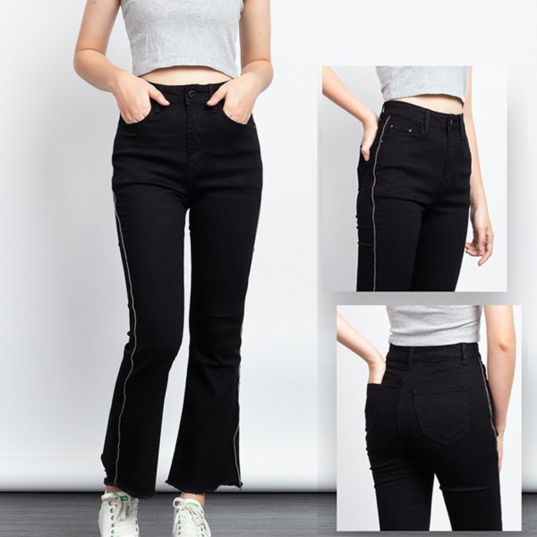 Quần Jean Ống Bass Đen Lai Cắt Phối Dây Kéo 2 Bên Sườn Màu Đen J0210